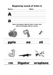 English worksheet: beginning sound of A