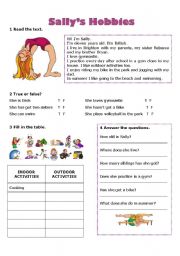 English Worksheet: Free time and hobbies - Sallys hobbies