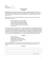 English Worksheet: Romeo and Juliet Quotation analysis for essay