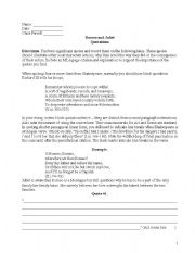 English worksheet: Romeo and Juliet Quotation analysis for essay