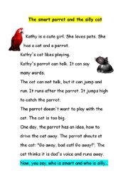 English Worksheet: The smart parrot and the silly cat