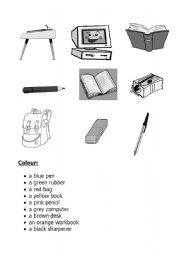 English worksheet: colour the school objets