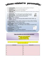 English Worksheet: IDIOMS RELATED TO PERSONALITY, definitopns with QUIZ