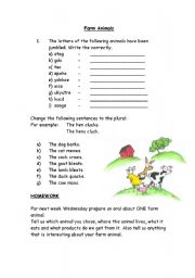 English Worksheet: Farm animals, sounds and plurals