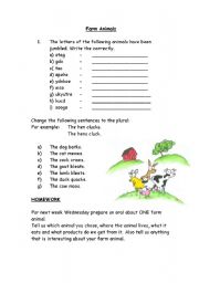 English worksheet: Farm animals, sounds and plurals