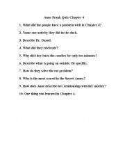 English Worksheet: Anne Frank Quiz-Chapter 4