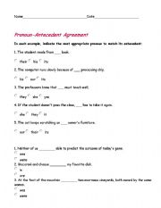 English worksheet: Pronoun and Antecedent Agreement