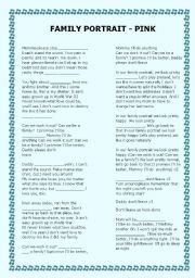 English Worksheet: Family Portrait song by P!nk
