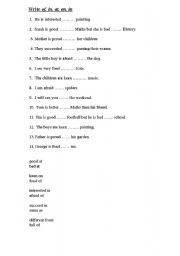 English worksheet: words followed by prepositions