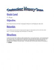 English worksheet: Contractions Memory Game