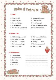 English Worksheet: Review of Verb Be (2 pages)