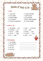 English Worksheet: Review of Verb Be (2 pages)