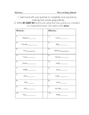 English Worksheet: Suffix Game Sheet