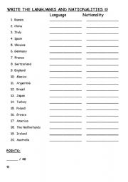 English worksheet: Nationalities Languages
