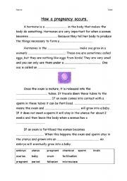 English Worksheet: Cloze activity - How a pregnancy occurs
