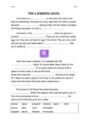 English worksheet: Cloze activity - How a pregnancy occurs