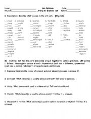 English worksheet: Art Critique form with Vocabulary Words