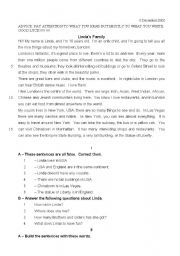 English Worksheet: Lindas Family - 7th grade worksheet