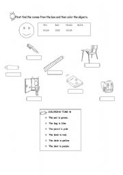 English worksheet: color and classroom objects