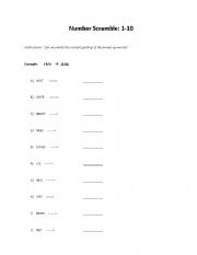 English worksheet: Number Scramble: 1 through 10