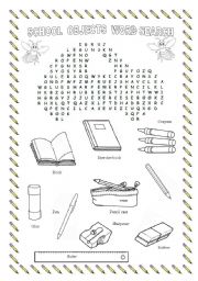 English Worksheet: School  Objects Word Search