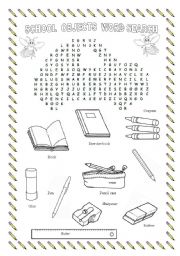 English Worksheet: School  Objects Word Search