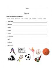 English worksheet: Sports unscramble