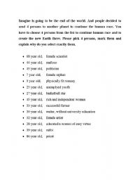 English Worksheet: Imagine you have to decide who will continue the human race in another planet