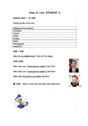 English Worksheet: Uses of Like_Student A