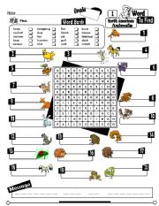 English Worksheet: Word To Find Series_02 North American Animals (Fully Editable + Key) (RE-UP)