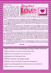 English Worksheet: Text  - Digital Love (Online Romance) + Comprehension + Rephrasing + Essay/Debate