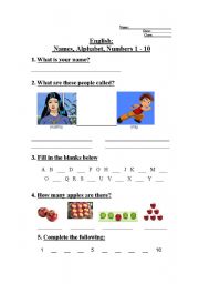 English worksheet: Name, Alphabet & numbers 1 - 10  test sheet