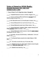 English Worksheet: Lesson:  Elizabeth Blackwell, MD Adapted from Voice of America Radio Program