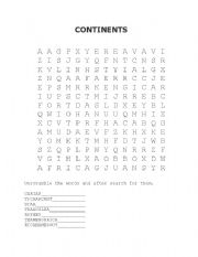 English Worksheet: CONTINENTS WORD SEARCH