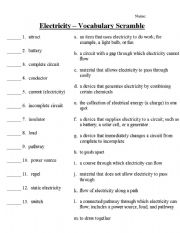 English Worksheet: Electricity Vocabulary Scramble