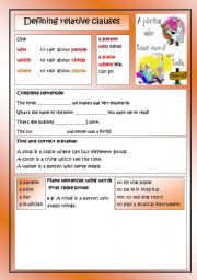 English Worksheet: Defining relative clauses, grammar + excercise + key