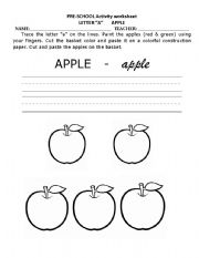 English worksheet: alphabet - a is for apple - pre-school activity worksheets