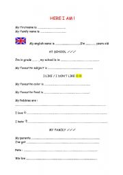 English worksheet: Here I am