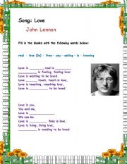 First class activity for elementary students - Song : Love (John Lennon) - with B&W copy and answer key
