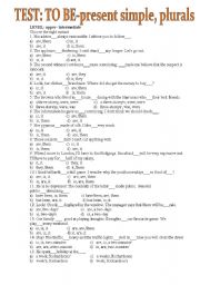 English Worksheet: test :TO BE pRESENT SIMPLE+PLURALS OF NOUNS. 20 QUESTIONS.