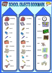 English Worksheet: School objects bookmark