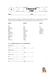English worksheet: A walk in my town- prepositions