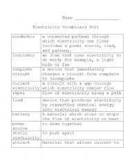 English worksheet: Electricity Vocabulary Sort