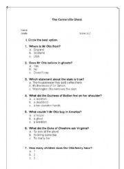 English worksheet: The Canterville Ghost quiz chapter 1-2