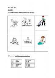 English Worksheet: WORKSHEET ON CHORES AND PREPOSITION