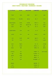 English Worksheet: CLOTHES - BODY PARTS - WEATHER - NUMBERS - COLORS