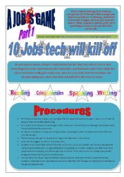 English Worksheet: JOBS - (4 Pages) READING ACTIVITY - GAME 10 JOBS TECH WILL KILL OFF  Part 1 of 2