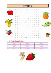 English Worksheet: fruits word search