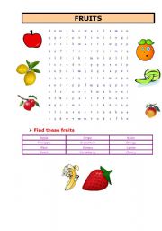 English worksheet: fruits word search