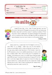 English Worksheet: TV test (7th grade) + correction VERSION A